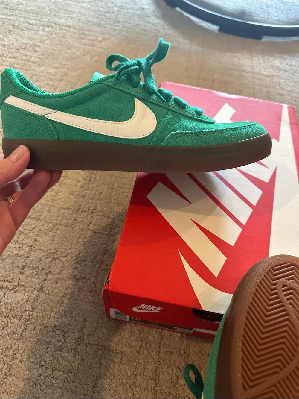 NWT Nike Kids Green Suede Sneakers with White Swoosh